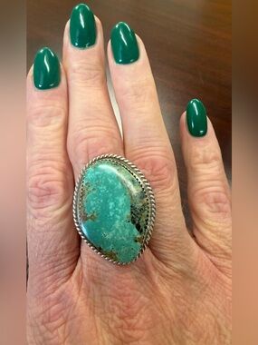 Signed Leslie Nez Sterling Silver Turquoise Adjustable Statement Ring Navajo